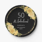 Black Yellow & Gold Floral 50. Geburtstag Pappteller (Vorderseite)