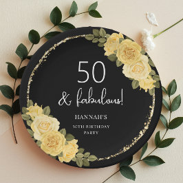 Black Yellow & Gold Floral 50. Geburtstag Pappteller