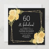 Black Yellow & Gold Floral 60. Geburtstag Einladung (Vorderseite)