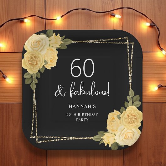 Black Yellow & Gold Floral 60. Geburtstag Pappteller
