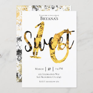 Black Yellow Gold Moderne Sweet 16 Geburtstagspart Einladung