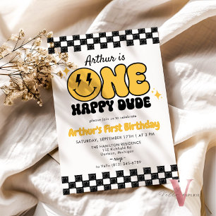 Black Yellow ONE HAPPY TYP Retro Groovy Geburtstag Einladung