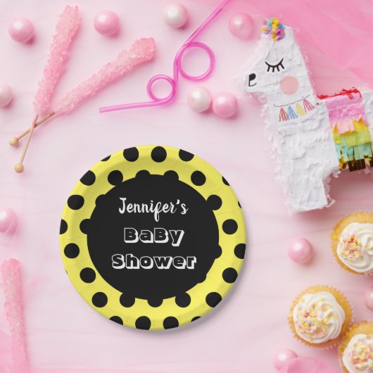 Black & Yellow Polka Dot Custom Baby Dusche Pappteller (Party)