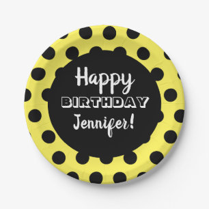 Black & Yellow Polka Dot Custom Geburtstag Pappteller