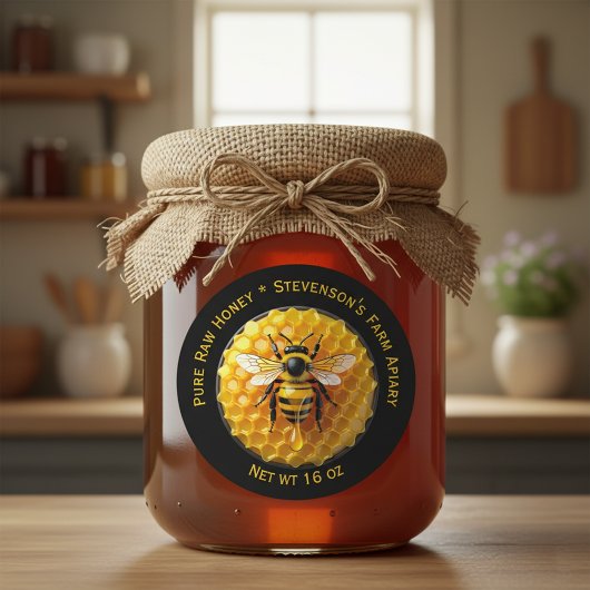 Black & Yellow Realistic Honey Bee Honeycomb Jar Runder Aufkleber
