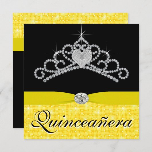 Black Yellow Tiara Black Yellow Quinceanera Einladung (Vorne/Hinten)