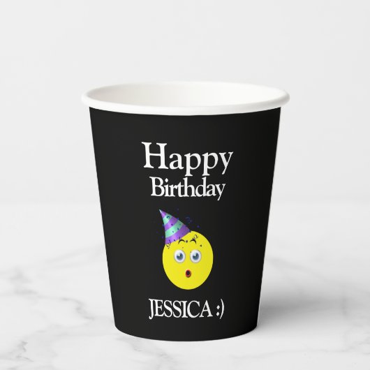 Black Yellow White Happy Birthday Emoji Pappbecher (Rückseite)