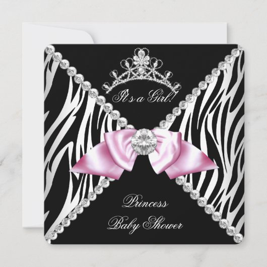 Black Zebra Pink Bow Princess Baby Dusche Einladung (Vorderseite)