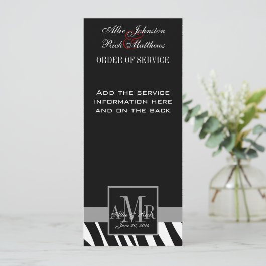 Black Zebra Print Monogram Wedding Program Programm (Stehend Vorderseite)