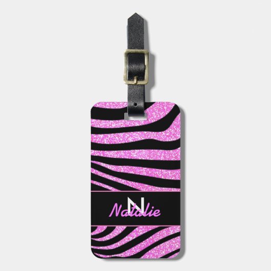 BLACK ZEBRA STREIFEN NAME AQUAMARINER GLITZER GEPÄCKANHÄNGER (Vorderseite vertikal)
