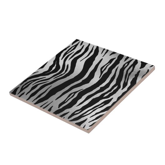Black Zebra Stripes Animal Print Silver Luxus Fliese (Seite)