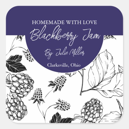 BlackBerry-Jam-Label in Schwarzweiß Quadratischer Aufkleber (Vorderseite)