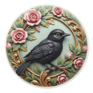 Blackbird Bird Vintage Victorian Rosa Rosen Floral Keramikknauf