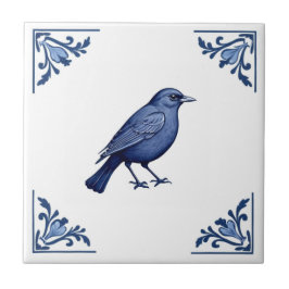Blackbird Delft Blue und White Floral Corners Bird Fliese