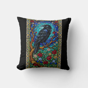 Blackbird Stached Glass Corvid Raven Kissen