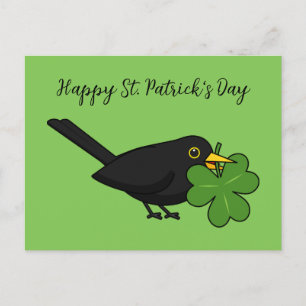 Blackbird with Shamrock Clover Cartoon   Add Text Feiertagspostkarte