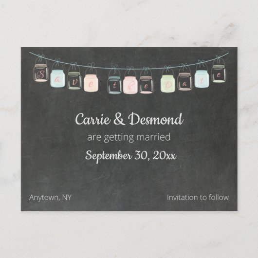 Blackboard Mason Jars Custom Save the Date Hochzei Postkarte (Vorderseite)