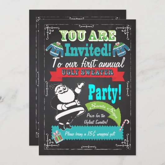 Blackboard Ugly Sweater Weihnachts-Party lädt ein Einladung (Vorne/Hinten)