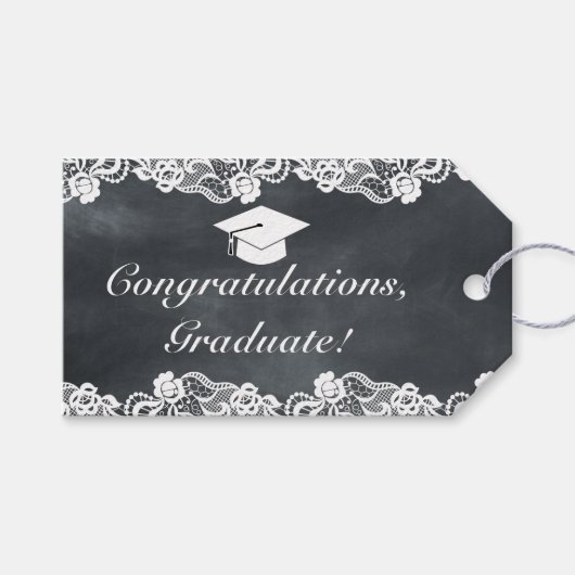 Blackboard & White Lace Abschluss Glückwünsche Geschenkanhänger (Vorderseite (Horizontal))