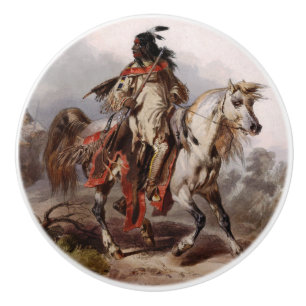 Blackfoot Inder auf dem arabischen Pferd, das Keramikknauf