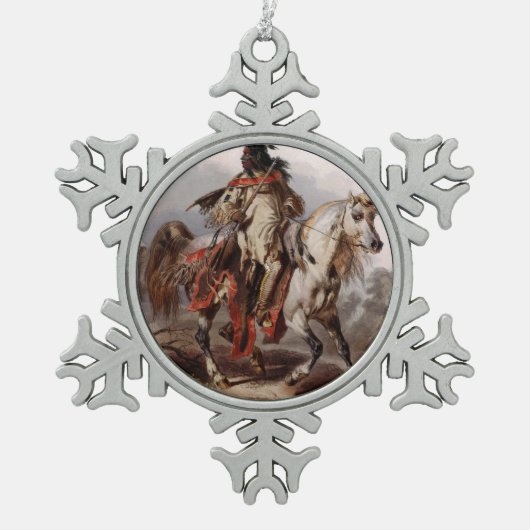 Blackfoot Inder auf dem arabischen Pferd, das Schneeflocken Zinn-Ornament (Vorderseite)