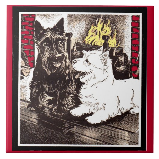 Blackie und Whitie am Feuer Fliese (Vorderseite)