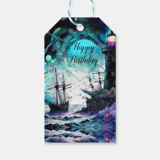 Blacklight-Lighthouse und Segelboot stürmische Mee Geschenkanhänger (Vorderseite)