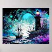 Blacklight-Lighthouse und Segelboot stürmische Mee Poster (Vorne)