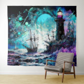 Blacklight-Lighthouse und Segelboot stürmische Mee Wandteppich (Beispiel (Horizontal))