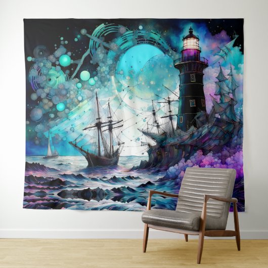 Blacklight-Lighthouse und Segelboot stürmische Mee Wandteppich (Beispiel (Horizontal))