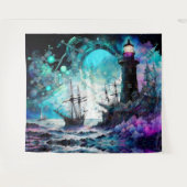 Blacklight-Lighthouse und Segelboot stürmische Mee Wandteppich (Vorderseite (Horizontal))