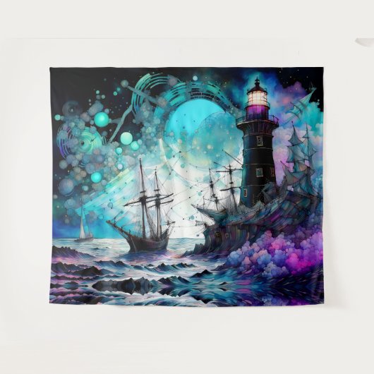 Blacklight-Lighthouse und Segelboot stürmische Mee Wandteppich (Vorderseite (Horizontal))