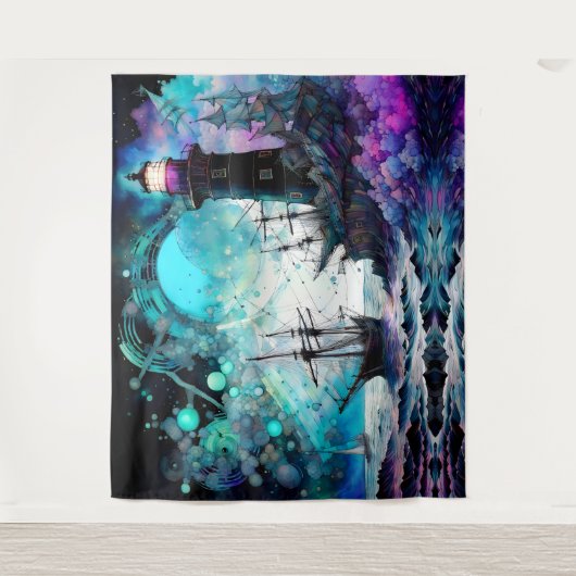 Blacklight-Lighthouse und Segelboot stürmische Mee Wandteppich (Vorderseite)