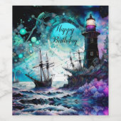 Blacklight-Lighthouse und Segelboot stürmische Mee Weinetikett (Einzelnes Label)