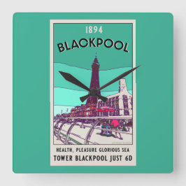  Blackpool Seaside Resort England Vintag Art     Quadratische Wanduhr