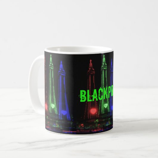 Blackpool Tower Schöne Nachtlichter, rot, grün Kaffeetasse (Vorderseite Links)