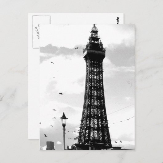 Blackpool Tower und Lampenposten B/W Postkarte (Vorne/Hinten)