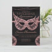 BlackRose Gold Glitzer Lace Masquerade Quinceañera Einladung (Stehend Vorderseite)
