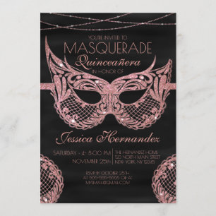 BlackRose Gold Glitzer Lace Masquerade Quinceañera Einladung