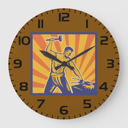 Blacksmith Hammering Retro Strongman Labour Große Wanduhr (Vorderseite)