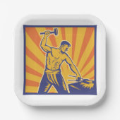 Blacksmith Hammering Retro Strongman Labour Pappteller (Vorderseite)