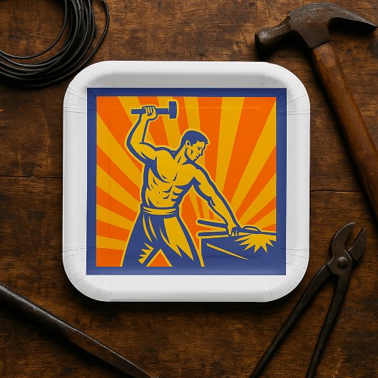 Blacksmith Hammering Retro Strongman Labour Pappteller