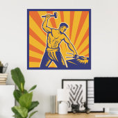 Blacksmith Hammering Retro Strongman Labour Poster (Heimbüro)