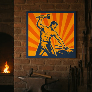 Blacksmith Hammering Retro Strongman Labour Poster