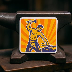 Blacksmith Hammering Retro Strongman Labour Quadratischer Aufkleber