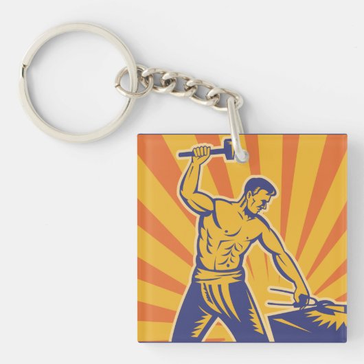 Blacksmith Hammering Retro Strongman Labour Schlüsselanhänger (Vorderseite)