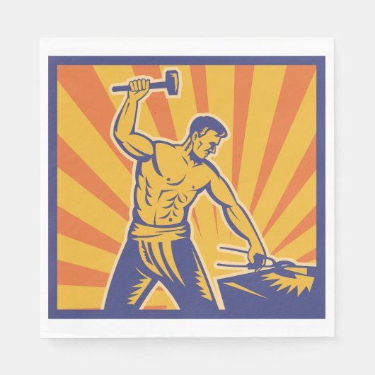 Blacksmith Hammering Retro Strongman Labour Serviette (Vorderseite)