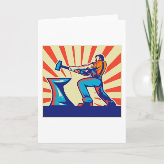 Blacksmith worker with hammer and anvil retro styl karte (Vorderseite)