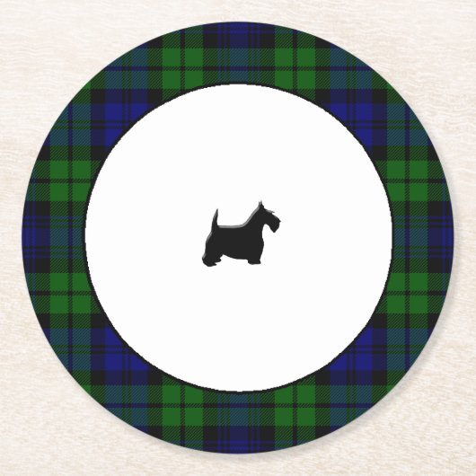 Blackwatch karierter schwarzer Scottie Runder Pappuntersetzer (Vorderseite)