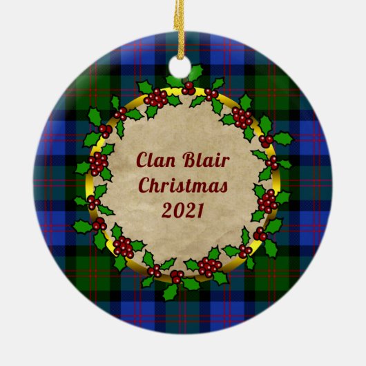 Blair Clan Abzeichen & Tartan Personalisiert Xmas Keramik Ornament (Hinten)